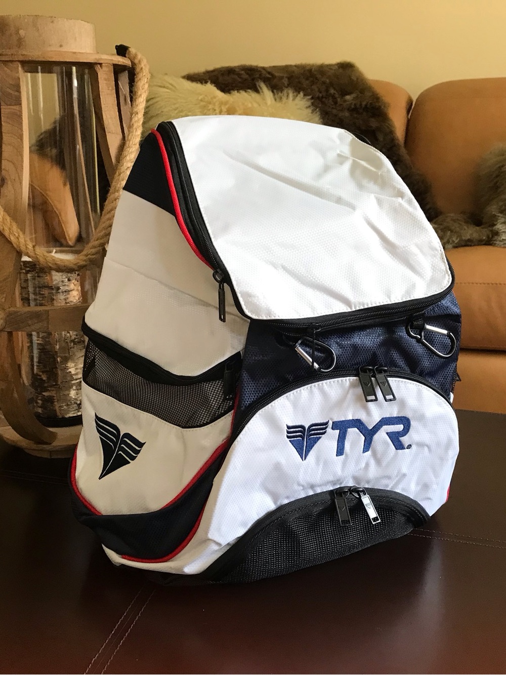 TYR White, Navy and Black Performance Backpack with Red Trim